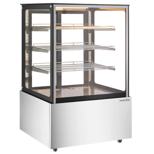 Marchia MH36-ST 36-inch High Straight Glass Heated Display Warming Case, Stainless Steel. Features a durable stainless steel build, straight glass front, adjustable shelves, and even heating. Ideal for showcasing hot foods, snacks, and pastries in retail or cafes.