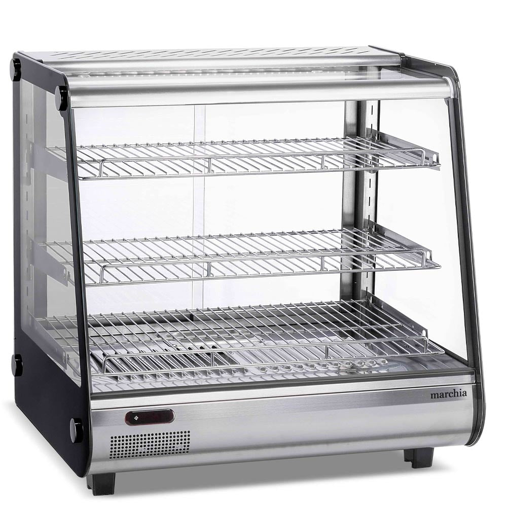 Marchia MHC121 27" heated stainless steel countertop display case with front slanted glass, designed to keep food warm and appetizing while showcasing hot snacks and meals in a sleek, professional setting.