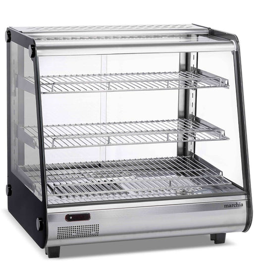 Marchia MHC121 27" heated stainless steel countertop display case with front slanted glass, designed to keep food warm and appetizing while showcasing hot snacks and meals in a sleek, professional setting.