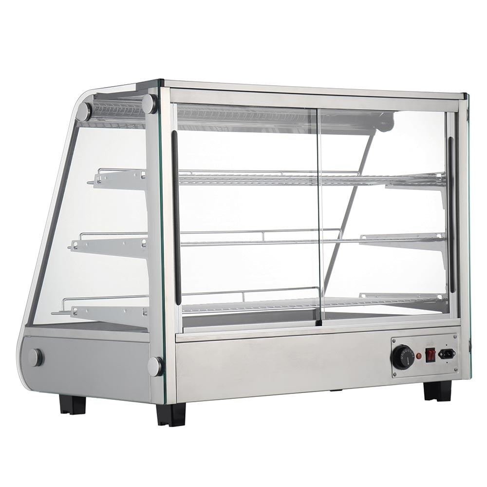Marchia MHC161 34" heated stainless steel countertop display case with front slanted glass, perfect for keeping hot foods warm and attractively displayed in cafés, delis, and convenience stores.