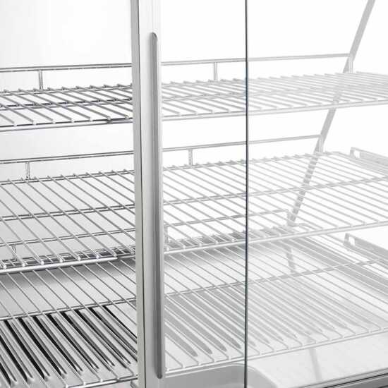 Marchia MHC121 27" heated stainless steel countertop display case with front slanted glass, designed to keep food warm and appetizing while showcasing hot snacks and meals in a sleek, professional setting.