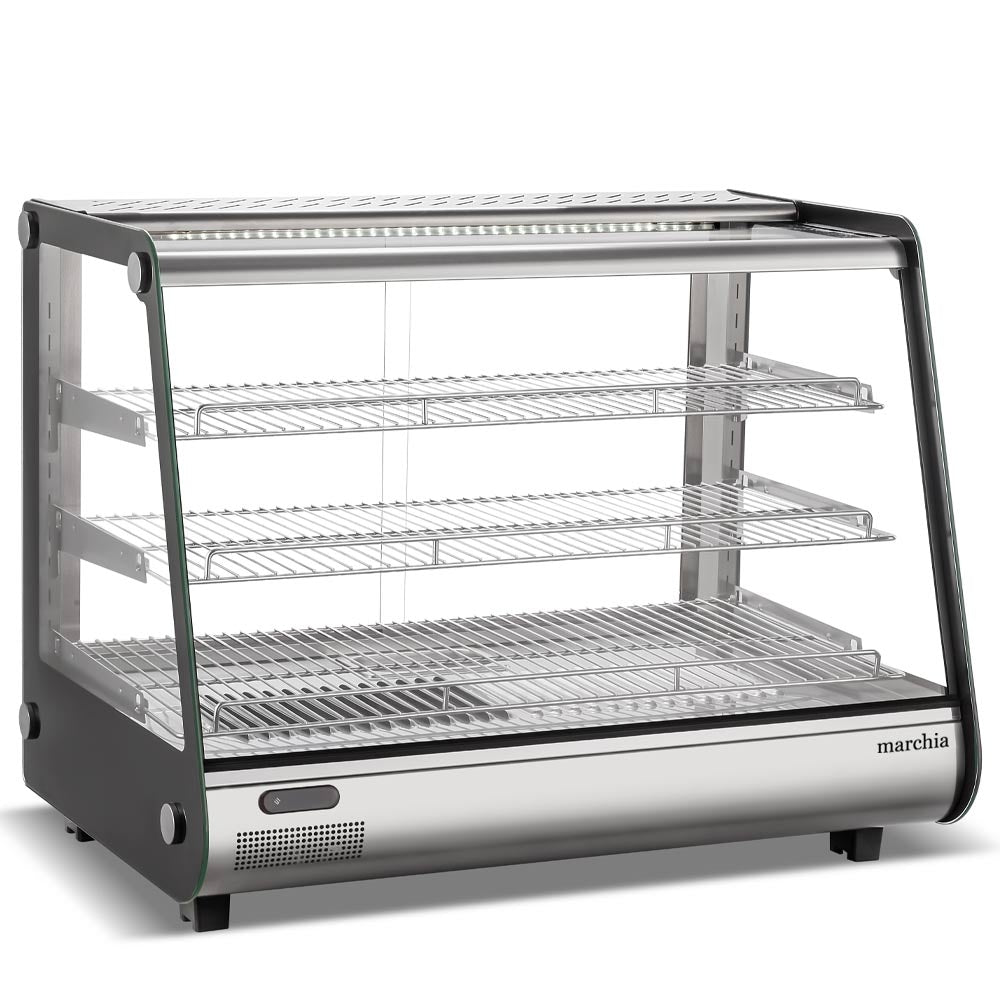 Marchia MHC161 34" heated stainless steel countertop display case with front slanted glass, perfect for keeping hot foods warm and attractively displayed in cafés, delis, and convenience stores.