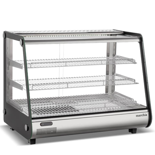 Marchia MHC161 34" heated stainless steel countertop display case with front slanted glass, perfect for keeping hot foods warm and attractively displayed in cafés, delis, and convenience stores.