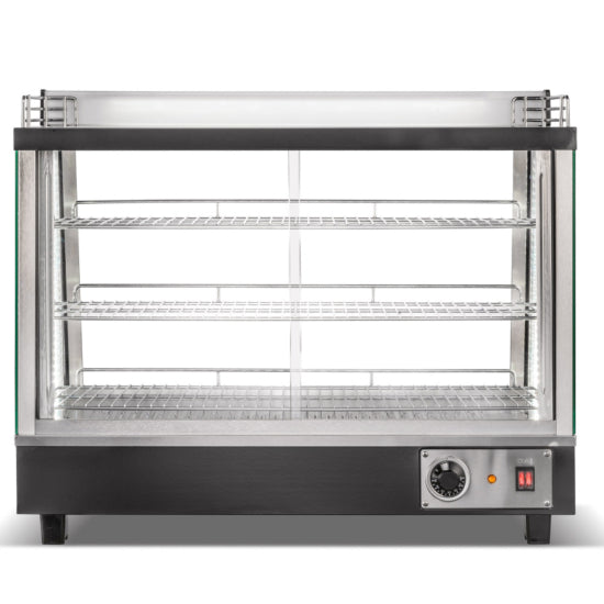 Marchia MHCC136 34-inch Heated Countertop Display with Front and Rear Doors. Features a compact design, dual access for convenience, adjustable shelves, and consistent heating. Perfect for showcasing hot snacks, pastries, or meals in retail or foodservice settings.