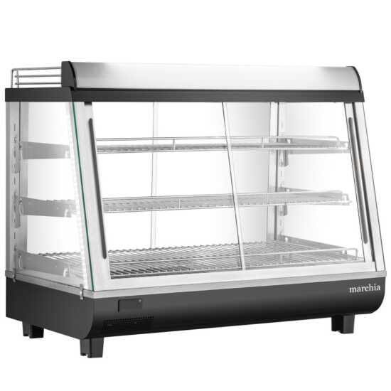 Marchia MHCC136 34-inch Heated Countertop Display with Front and Rear Doors. Features a compact design, dual access for convenience, adjustable shelves, and consistent heating. Perfect for showcasing hot snacks, pastries, or meals in retail or foodservice settings.