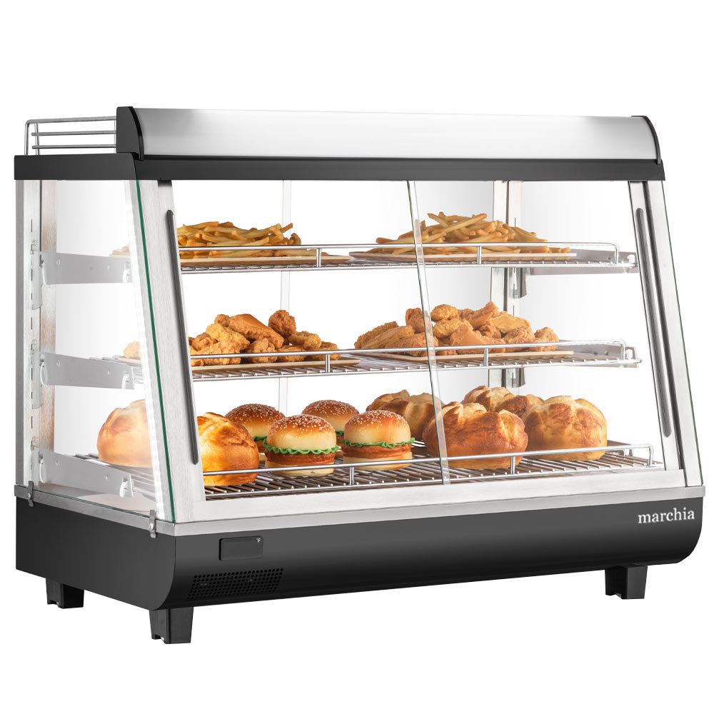 Marchia MHCC136 34-inch Heated Countertop Display with Front and Rear Doors. Features a compact design, dual access for convenience, adjustable shelves, and consistent heating. Perfect for showcasing hot snacks, pastries, or meals in retail or foodservice settings.