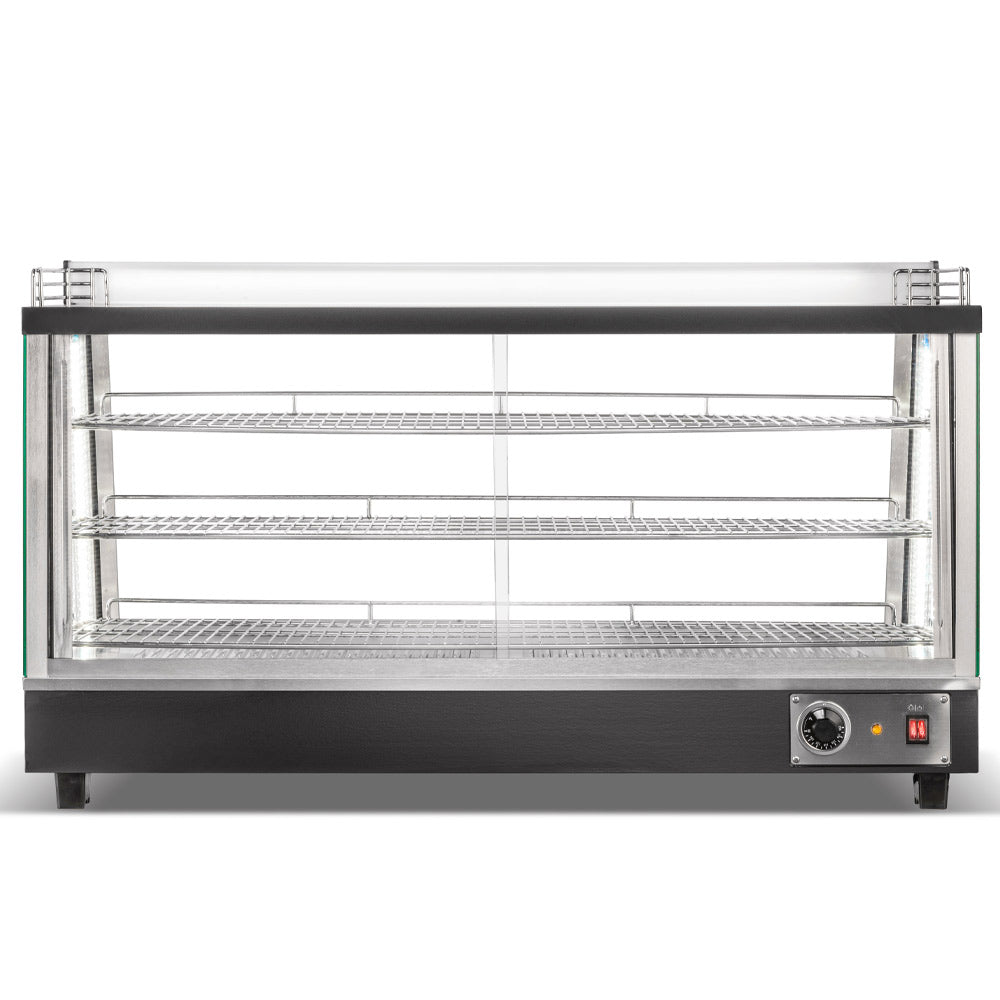 Marchia MHCC186 48" heated countertop display with front and rear doors, designed for keeping large quantities of hot foods warm and easily accessible, ideal for high-traffic settings in cafés, delis, and food service areas.