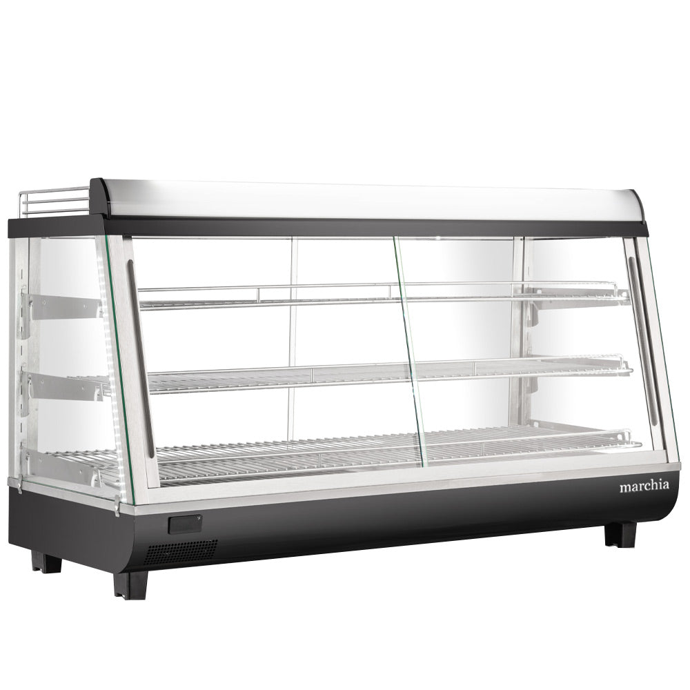 Marchia MHCC186 48" heated countertop display with front and rear doors, designed for keeping large quantities of hot foods warm and easily accessible, ideal for high-traffic settings in cafés, delis, and food service areas.