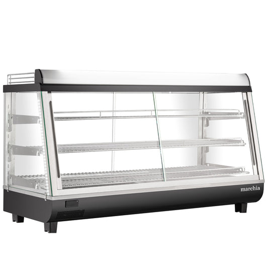 Marchia MHCC186 48" heated countertop display with front and rear doors, designed for keeping large quantities of hot foods warm and easily accessible, ideal for high-traffic settings in cafés, delis, and food service areas.