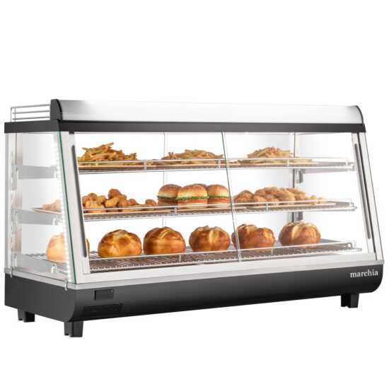 Marchia MHCC186 48" heated countertop display with front and rear doors, designed for keeping large quantities of hot foods warm and easily accessible, ideal for high-traffic settings in cafés, delis, and food service areas.