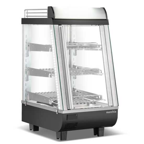 Marchia MHCC76 14" heated countertop display with front and rear doors, designed to keep small quantities of hot foods warm and accessible, ideal for compact spaces in cafés, delis, and food service areas.