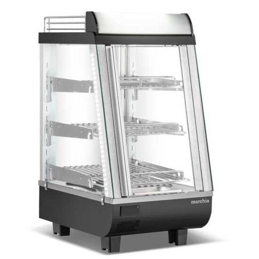 Marchia MHCC76 14" heated countertop display with front and rear doors, designed to keep small quantities of hot foods warm and accessible, ideal for compact spaces in cafés, delis, and food service areas.