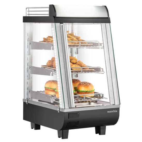 Marchia MHCC76 14" heated countertop display with front and rear doors, designed to keep small quantities of hot foods warm and accessible, ideal for compact spaces in cafés, delis, and food service areas.