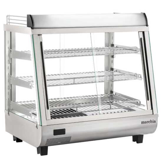 Marchia SHCC96 27" stainless steel heated countertop display with front and rear doors, designed to keep hot foods warm and accessible, perfect for cafés, delis, and convenience store food displays.