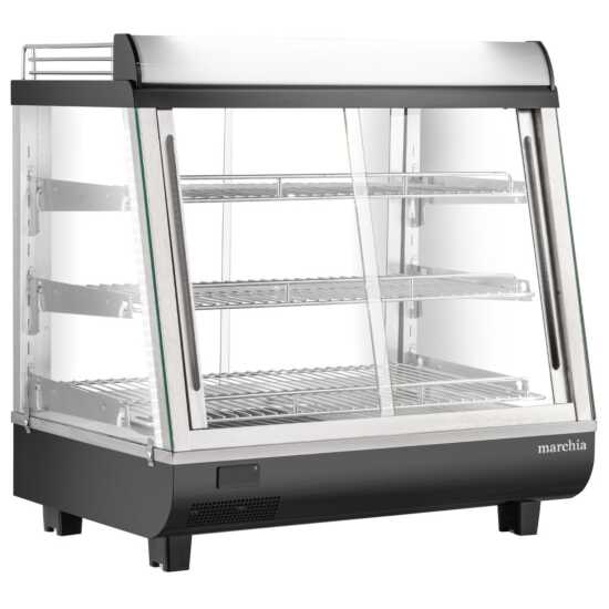 Marchia MHCC96 27" heated countertop display with front and rear doors, designed to keep hot foods warm and easily accessible, perfect for mid-sized food displays in cafés, delis, and food service environments.