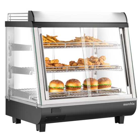 Marchia MHCC96 27" heated countertop display with front and rear doors, designed to keep hot foods warm and easily accessible, perfect for mid-sized food displays in cafés, delis, and food service environments.