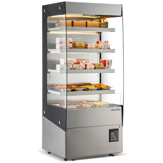 Marchia MHS900 34-inch open heated display warming case grab and go unit for keeping hot food items warm and visible in bakeries cafes and foodservice counters