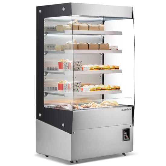 Marchia MHS1200 46-inch Open Heated Display Warming Case Grab-and-Go. Features an open front for easy access, adjustable shelving, and consistent heat distribution to keep food warm. Ideal for displaying hot snacks, pastries, and prepared meals in retail settings.