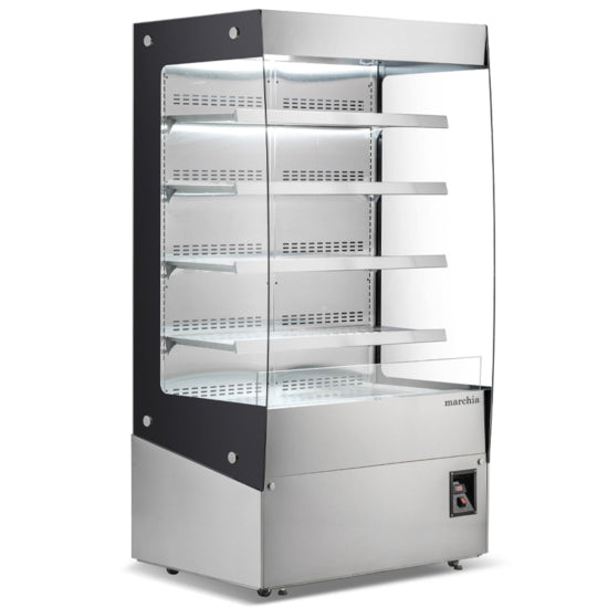 Marchia MHS1200 46-inch Open Heated Display Warming Case Grab-and-Go. Features an open front for easy access, adjustable shelving, and consistent heat distribution to keep food warm. Ideal for displaying hot snacks, pastries, and prepared meals in retail settings.