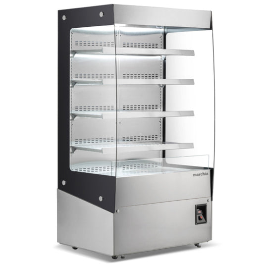 Marchia MHS1200 46-inch Open Heated Display Warming Case Grab-and-Go. Features an open front for easy access, adjustable shelving, and consistent heat distribution to keep food warm. Ideal for displaying hot snacks, pastries, and prepared meals in retail settings.