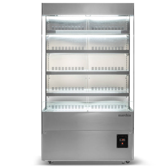 Marchia MHS1200 46-inch Open Heated Display Warming Case Grab-and-Go. Features an open front for easy access, adjustable shelving, and consistent heat distribution to keep food warm. Ideal for displaying hot snacks, pastries, and prepared meals in retail settings.