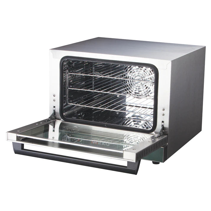  Quarter-Size Countertop Convection Oven 1/Pack features a spacious interior with (3) chrome wire shelves that are perfectly sized for cooking small batches of pizza, baked goods, and warm sandwiches. Thanks to its stainless steel construction, this highly durable, easy to clean countertop oven can tackle the toughest cooking needs while its dual pane tempered glass door allows you to monitor the baking progress. 