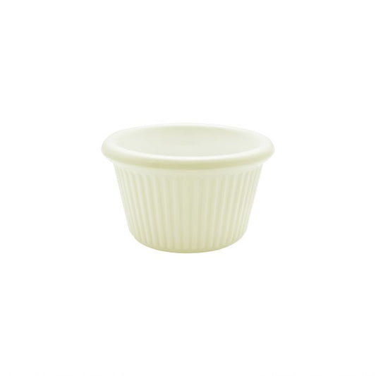 Thunder Group Fluted Ramekin 12/Pcs is a small ceramic-like bowl that will be perfect for serving various dishes. Made from durable melamine such ramekin can withstand long-time use and is effortless in maintenance. Due to its stain-proof abilities, you can serve different acidic sauces, and it would not change its vibrant ivory color. It is also scratch-resistant with smooth on the inside easy-to-clean surface.