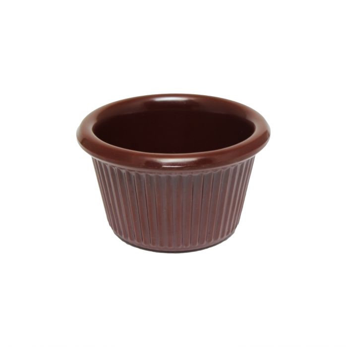 Thunder Group Fluted Ramekin 12/Pcs is a small ceramic-like bowl that will be perfect for serving various dishes. Made from durable melamine such ramekin can withstand long-time use and is effortless in maintenance. Due to its stain-proof abilities, you can serve different acidic sauces, and it would not change its chocolate color. It is also scratch-resistant with smooth on the inside easy-to-clean surface. 