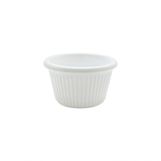 Thunder Group Fluted Ramekin 12/Pcs is a small ceramic-like bowl that will be perfect for serving various dishes. Made from durable melamine such ramekin can withstand long-time use and is effortless in maintenance. Due to its stain-proof abilities, you can serve different acidic sauces, and it would not change its white color. It is also scratch-resistant with smooth on the inside easy-to-clean surface. 