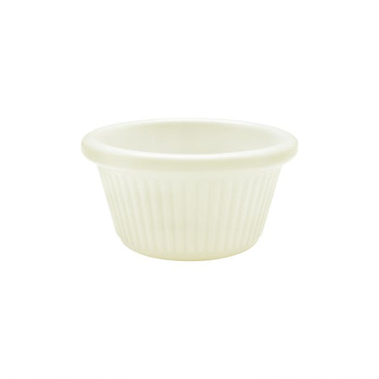 Thunder Group Fluted Ramekin 12/Pcs is a small ceramic-like bowl that will be perfect for serving various dishes. Made from durable melamine such ramekin can withstand long-time use and is effortless in maintenance. Due to its stain-proof abilities, you can serve different acidic sauces, and it would not change its vibrant ivory color. It is also scratch-resistant with smooth on the inside easy-to-clean surface. 