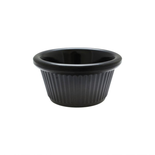 Thunder Group Fluted Ramekin 12/Pcs is a small ceramic-like bowl that will be perfect for serving various dishes. Made from durable melamine such ramekin can withstand long-time use and is effortless in maintenance. Due to its stain-proof abilities, you can serve different acidic sauces, and it would not change its black color. It is also scratch-resistant with smooth on the inside easy-to-clean surface. 