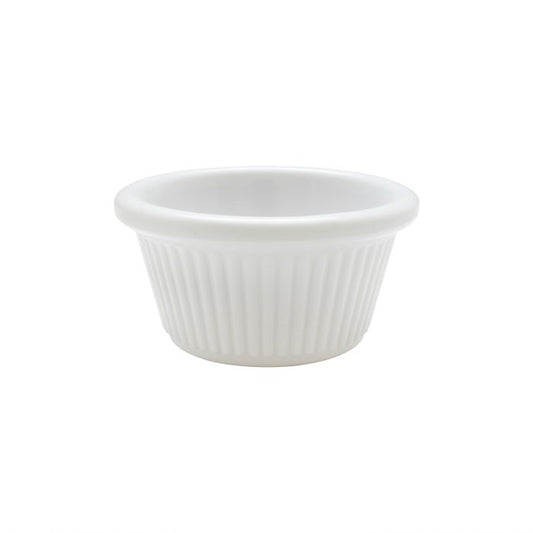 Thunder Group Fluted Ramekin 12/Pcs is a small ceramic-like bowl that will be perfect for serving various dishes. Made from durable melamine such ramekin can withstand long-time use and is effortless in maintenance. Due to its stain-proof abilities, you can serve different acidic sauces, and it would not change its white color. It is also scratch-resistant with smooth on the inside easy-to-clean surface. 