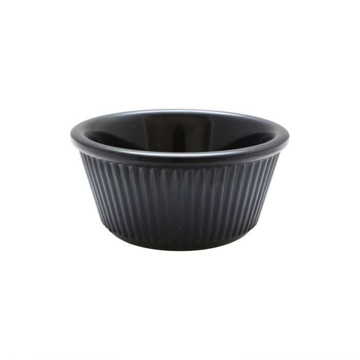 Thunder Group Fluted Ramekin 12/Pcs is a small ceramic-like bowl that will be perfect for serving various dishes. Made from durable melamine such ramekin can withstand long-time use and is effortless in maintenance. Due to its stain-proof abilities, you can serve different acidic sauces, and it would not change its vibrant black color. It is also scratch-resistant with smooth on the inside easy-to-clean surface. 