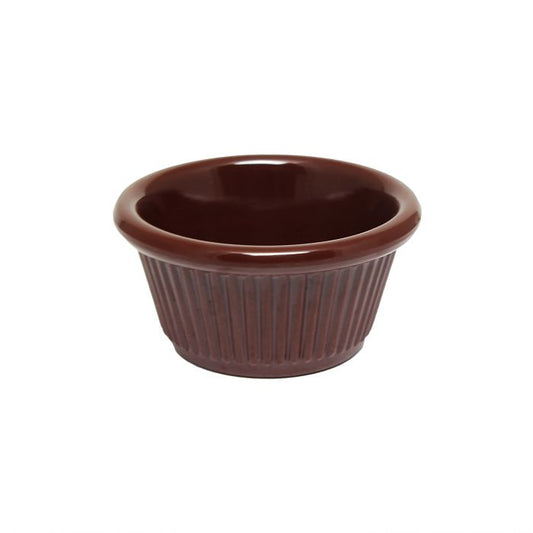 Thunder Group Fluted Ramekin 12/Pcs is a small ceramic-like bowl that will be perfect for serving various dishes. Made from durable melamine such ramekin can withstand long-time use and is effortless in maintenance. Due to its stain-proof abilities, you can serve different acidic sauces, and it would not change its vibrant chocolate color. It is also scratch-resistant with smooth on the inside easy-to-clean surface. 