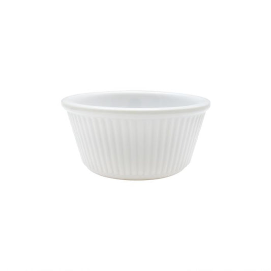 Thunder Group Fluted Ramekin 12/Pcs is a small ceramic-like bowl that will be perfect for serving various dishes. Made from durable melamine such ramekin can withstand long-time use and is effortless in maintenance. Due to its stain-proof abilities, you can serve different acidic sauces, and it would not change its vibrant white blue color. It is also scratch-resistant with smooth on the inside easy-to-clean surface.