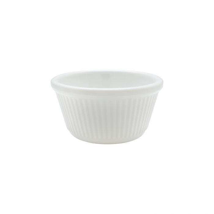 Thunder Group Fluted Ramekin 12/Pcs is a small ceramic-like bowl that will be perfect for serving various dishes. Made from durable melamine such ramekin can withstand long-time use and is effortless in maintenance. Due to its stain-proof abilities, you can serve different acidic sauces, and it would not change its vibrant white color. It is also scratch-resistant with smooth on the inside easy-to-clean surface. 
