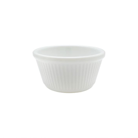 Thunder Group Fluted Ramekin 12/Pcs is a small ceramic-like bowl that will be perfect for serving various dishes. Made from durable melamine such ramekin can withstand long-time use and is effortless in maintenance. Due to its stain-proof abilities, you can serve different acidic sauces, and it would not change its vibrant white color. It is also scratch-resistant with smooth on the inside easy-to-clean surface. 