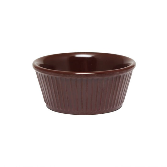 Thunder Group Fluted Ramekin 12/Pcs is a small ceramic-like bowl that will be perfect for serving various dishes. Made from durable melamine such ramekin can withstand long-time use and is effortless in maintenance. Due to its stain-proof abilities, you can serve different acidic sauces, and it would not change its vibrant chocolate color. It is also scratch-resistant with smooth on the inside easy-to-clean surface.