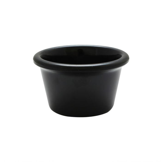 Thunder Group Smooth Ramekin 12/Pcs is a small ceramic-like bowl that will be perfect for serving various dishes. Such flat 1 3/4 Oz ramekin can be used for serving individual portions of sauces, dips, ice cream, side garnishes, and condiments. Made from durable scratch-resistant melamine this heavy duty 2 1/2-inch black ramekin has a thick solid structure that can withstand long-time use and is effortless in maintenance. 