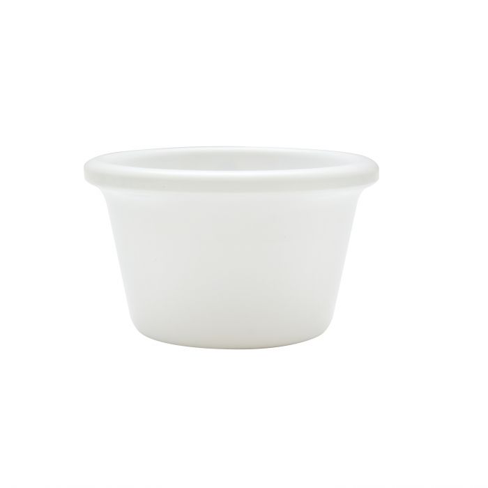 Thunder Group Smooth Ramekin 12/Pcs is a small ceramic-like bowl that will be perfect for serving various dishes. Such flat 1 3/4 Oz ramekin can be used for serving individual portions of sauces, dips, ice cream, side garnishes, and condiments. Made from durable scratch-resistant melamine this heavy duty 2 1/2-inch white ramekin has a thick solid structure that can withstand long-time use and is effortless in maintenance.