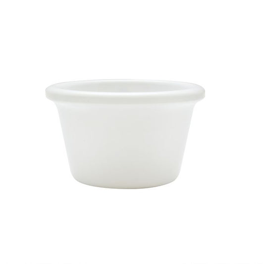 Thunder Group Smooth Ramekin 12/Pcs is a small ceramic-like bowl that will be perfect for serving various dishes. Such flat 1 3/4 Oz ramekin can be used for serving individual portions of sauces, dips, ice cream, side garnishes, and condiments. Made from durable scratch-resistant melamine this heavy duty 2 1/2-inch white ramekin has a thick solid structure that can withstand long-time use and is effortless in maintenance.