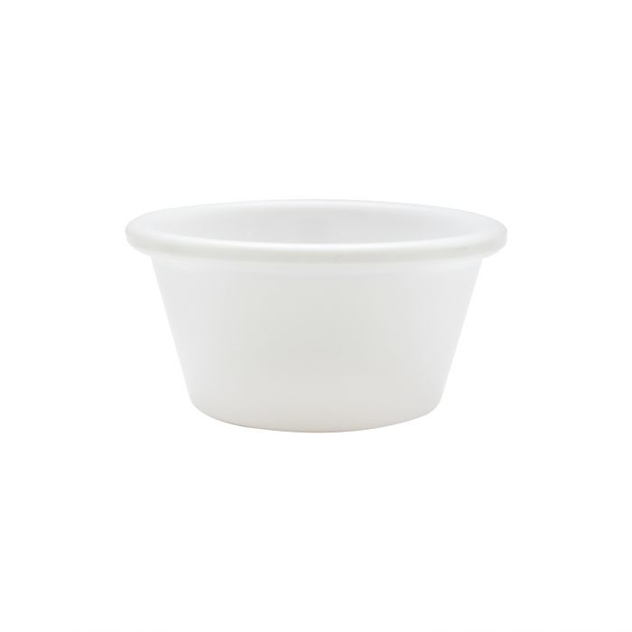 Thunder Group Smooth Ramekin 12/Pcs is a small ceramic-like bowl that will be perfect for serving various dishes. Such flat 2 1/2 Oz ramekin can be used for serving individual portions of sauces, dips, ice cream, side garnishes, and condiments. Made from durable scratch-resistant melamine this heavy duty 2 7/8-inch white ramekin has a thick solid structure that can withstand long-time use and is effortless in maintenance. 