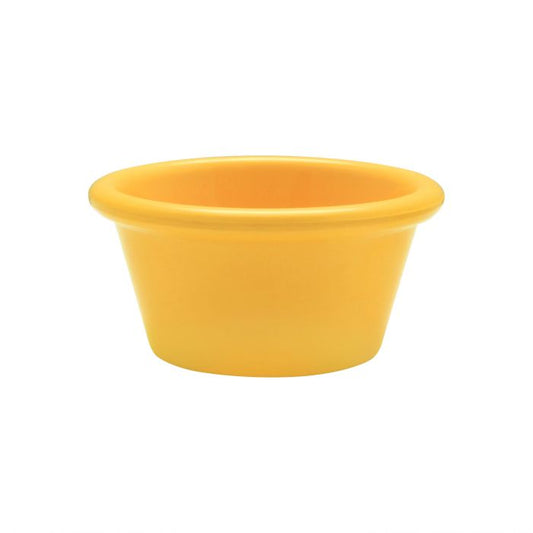 Thunder Group Smooth Ramekin 12/Pcs is a small ceramic-like bowl that will be perfect for serving various dishes. Such flat 2 1/2 Oz ramekin can be used for serving individual portions of sauces, dips, ice cream, side garnishes, and condiments. Made from durable scratch-resistant melamine this heavy duty 2 7/8-inch yellow ramekin has a thick solid structure that can withstand long-time use and is effortless in maintenance. Due to its stain-proof abilities, you can serve different acidic sauces, and it would