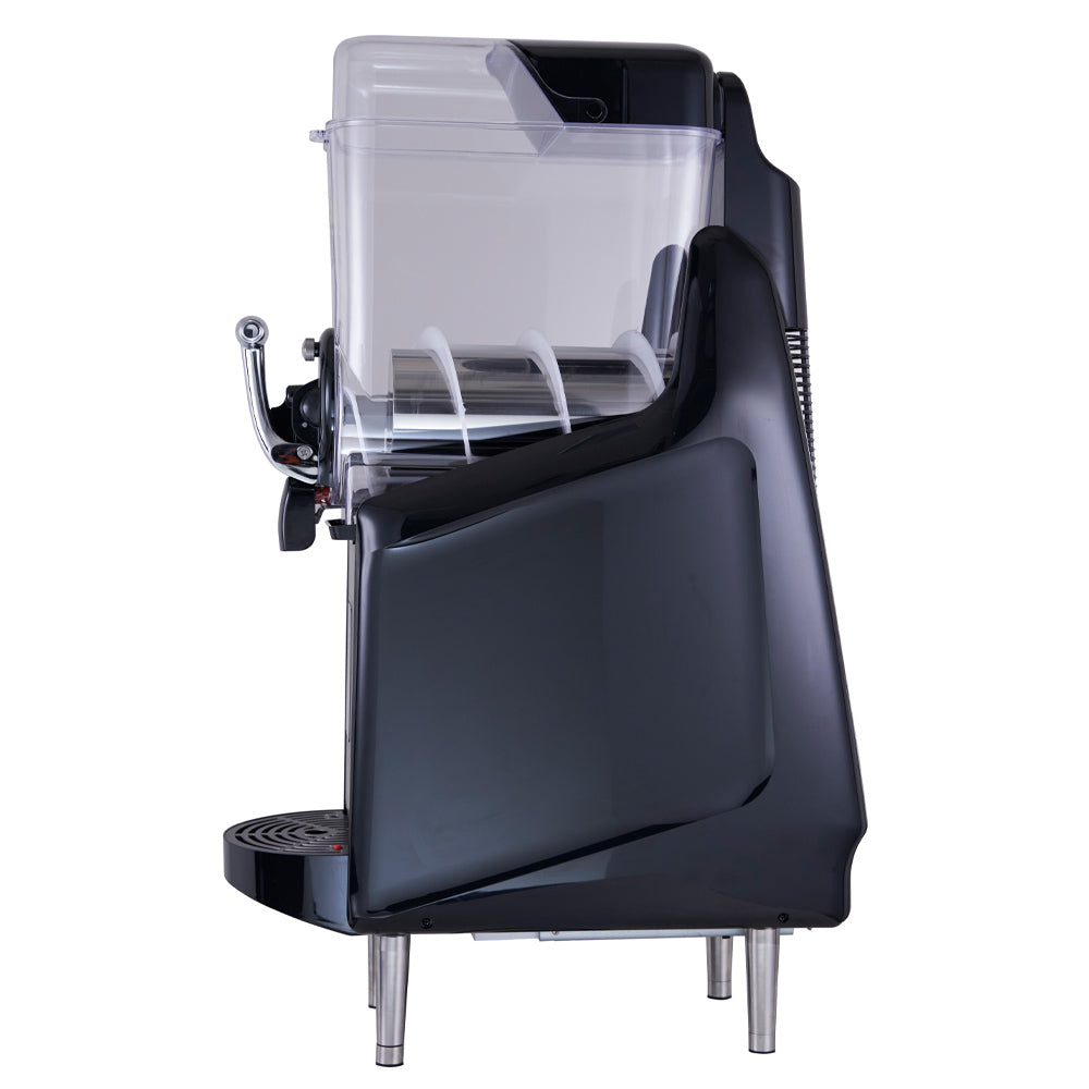Coldline GRANITA1-MAX Single Bowl Pourover Granita Slush Machine with sleek black design, ideal for serving frozen beverages like slushies or granitas in cafes, bars, and convenience stores.