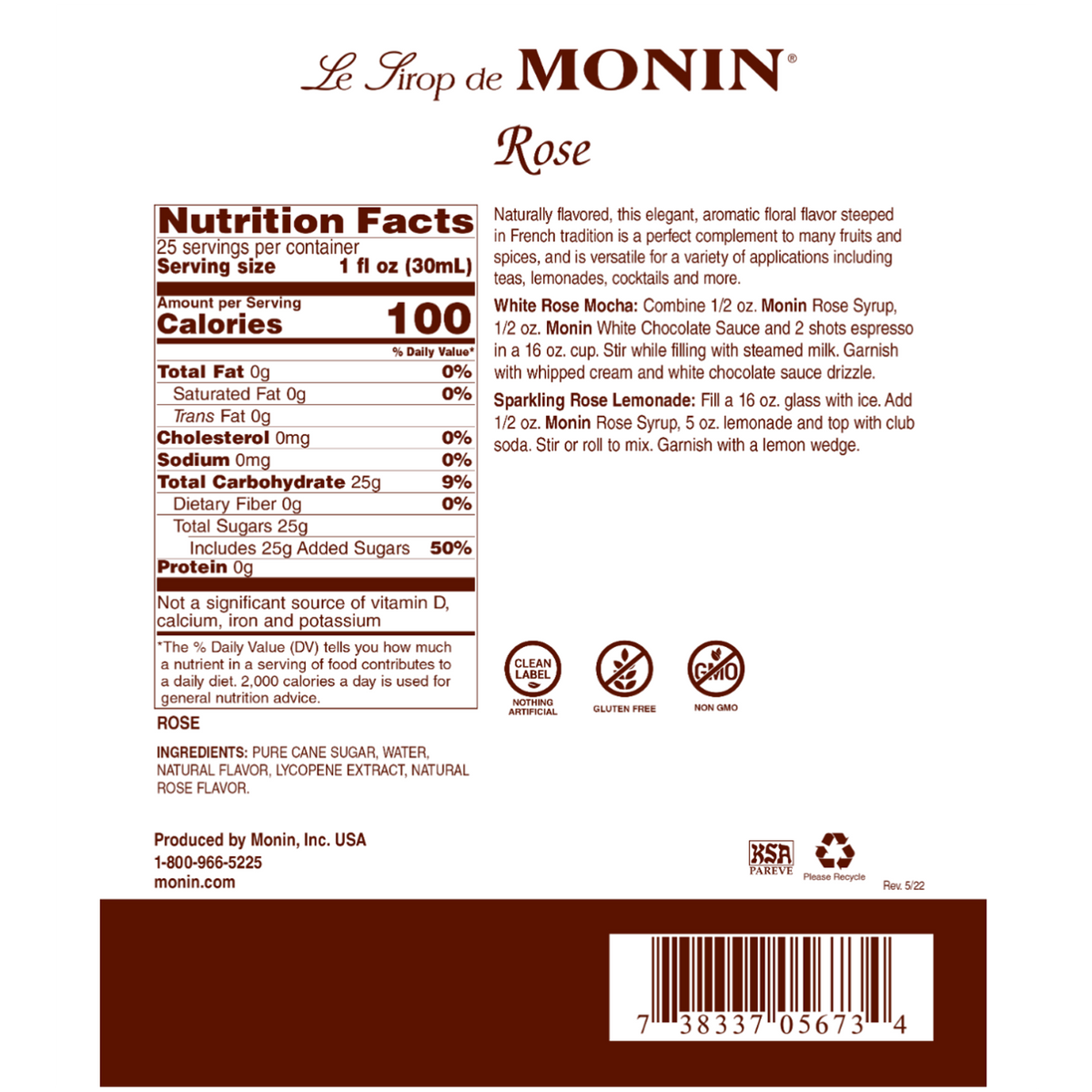 Monin Rose Syrup 750 mL Bottle additional product image