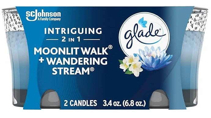 Two Glade Moonlit Walk & Wandering Stream scented candles in glass jars, 3.4 oz each, with a calming floral and fresh aquatic fragrance.