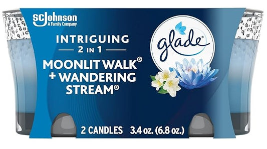 Two Glade Moonlit Walk & Wandering Stream scented candles in glass jars, 3.4 oz each, with a calming floral and fresh aquatic fragrance.