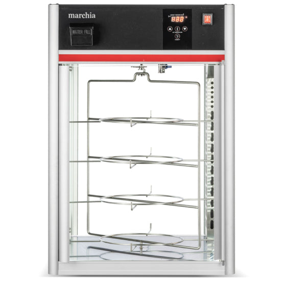Marchia MPC158 22-inch Countertop Full-Service Pizza Warmer with 4-Shelf Rotating Rack. Features a compact design, rotating shelves for even warming, glass display for visibility, and adjustable temperature control. Ideal for pizzas and hot snacks in foodservice.