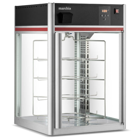 Marchia MPC158 22-inch Countertop Full-Service Pizza Warmer with 4-Shelf Rotating Rack. Features a compact design, rotating shelves for even warming, glass display for visibility, and adjustable temperature control. Ideal for pizzas and hot snacks in foodservice.