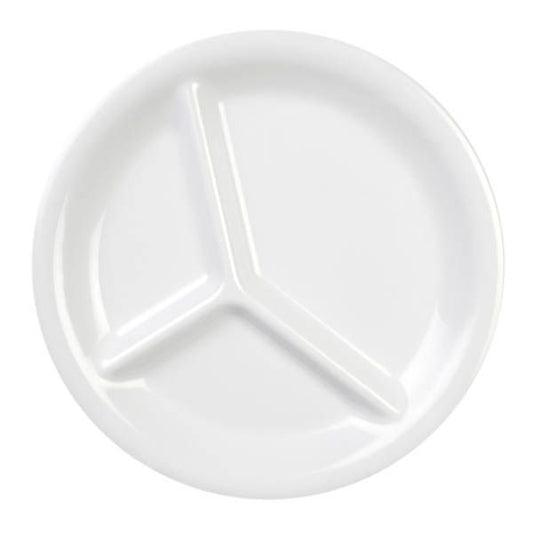 Yanco Three-Compartment Plate MS-710WT is made from durable and reliable melamine material, which makes the plate look like ceramics. Melamine tableware is a perfect solution for those who choose a reliable, durable, high-quality and affordable dinnerware for their food-serving establishment. These round 3-compartment plates are easy to clean, NSF listed and BPA safe.